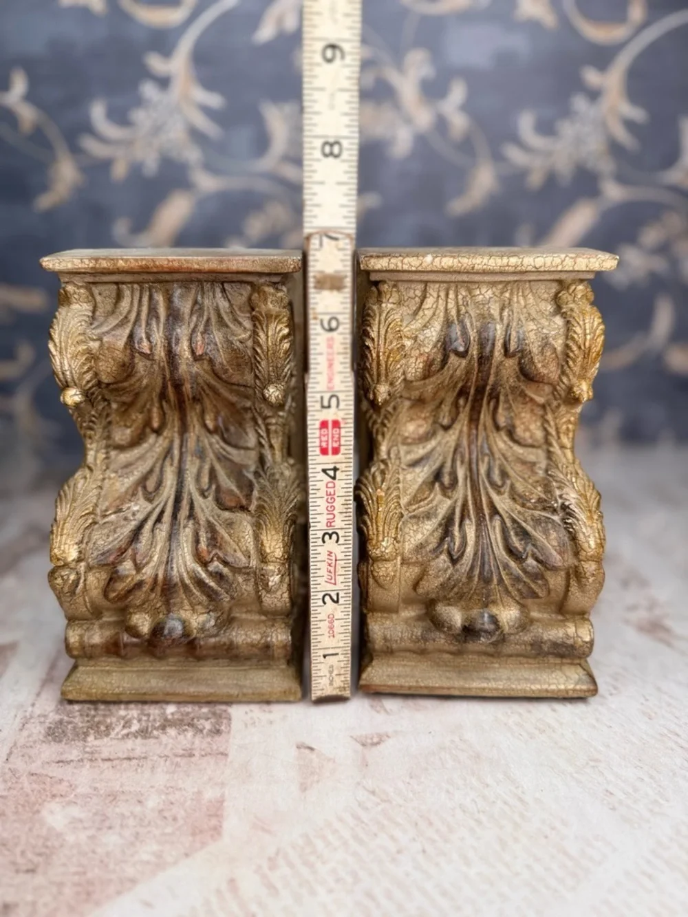 Vintage Ornate Bookends Faux Bois Resin Wood Gilt Scroll Pair